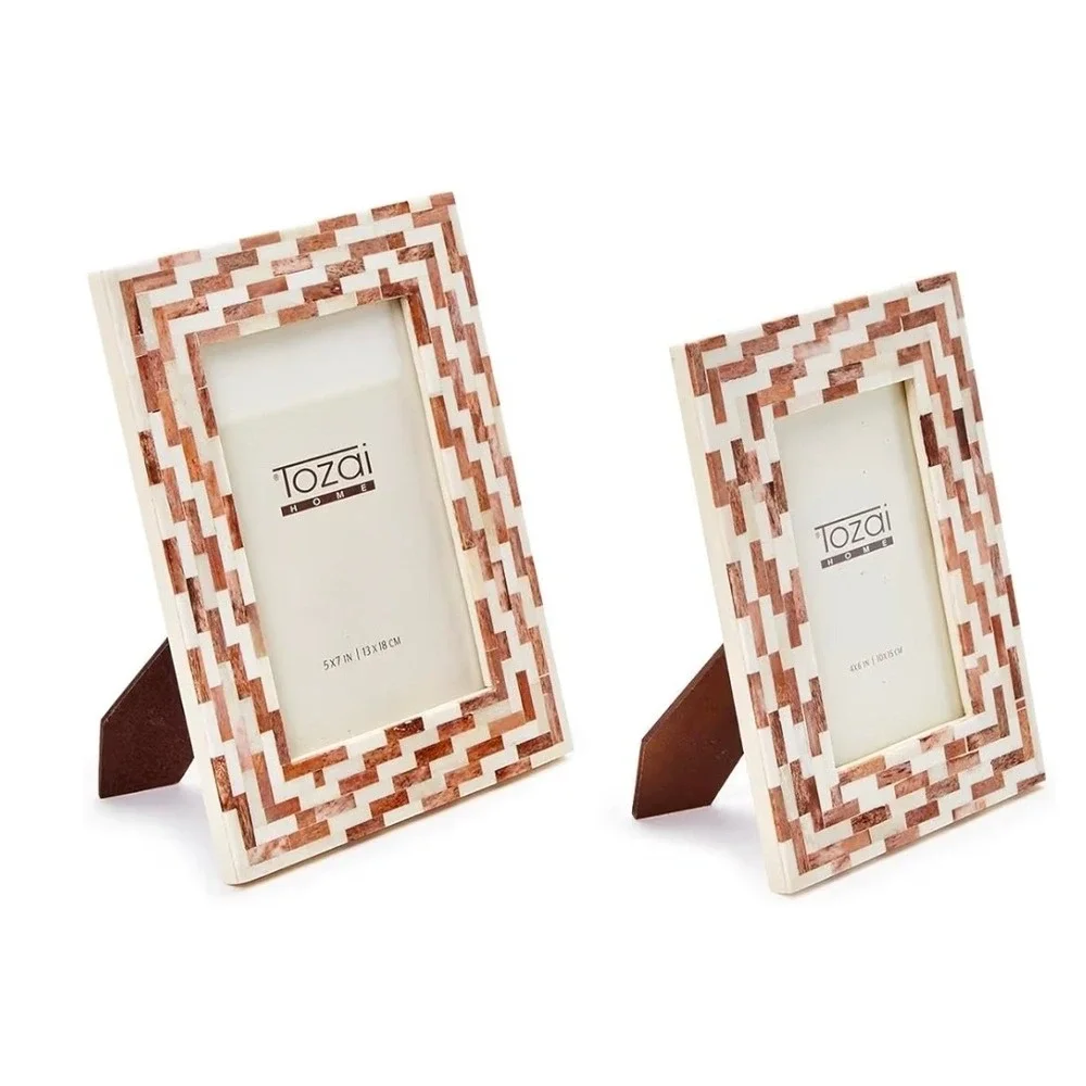 2 PK Two's Company Jacobson Brick Mosaic Photo Frame Bone Resin 4x6 5x7 Brown